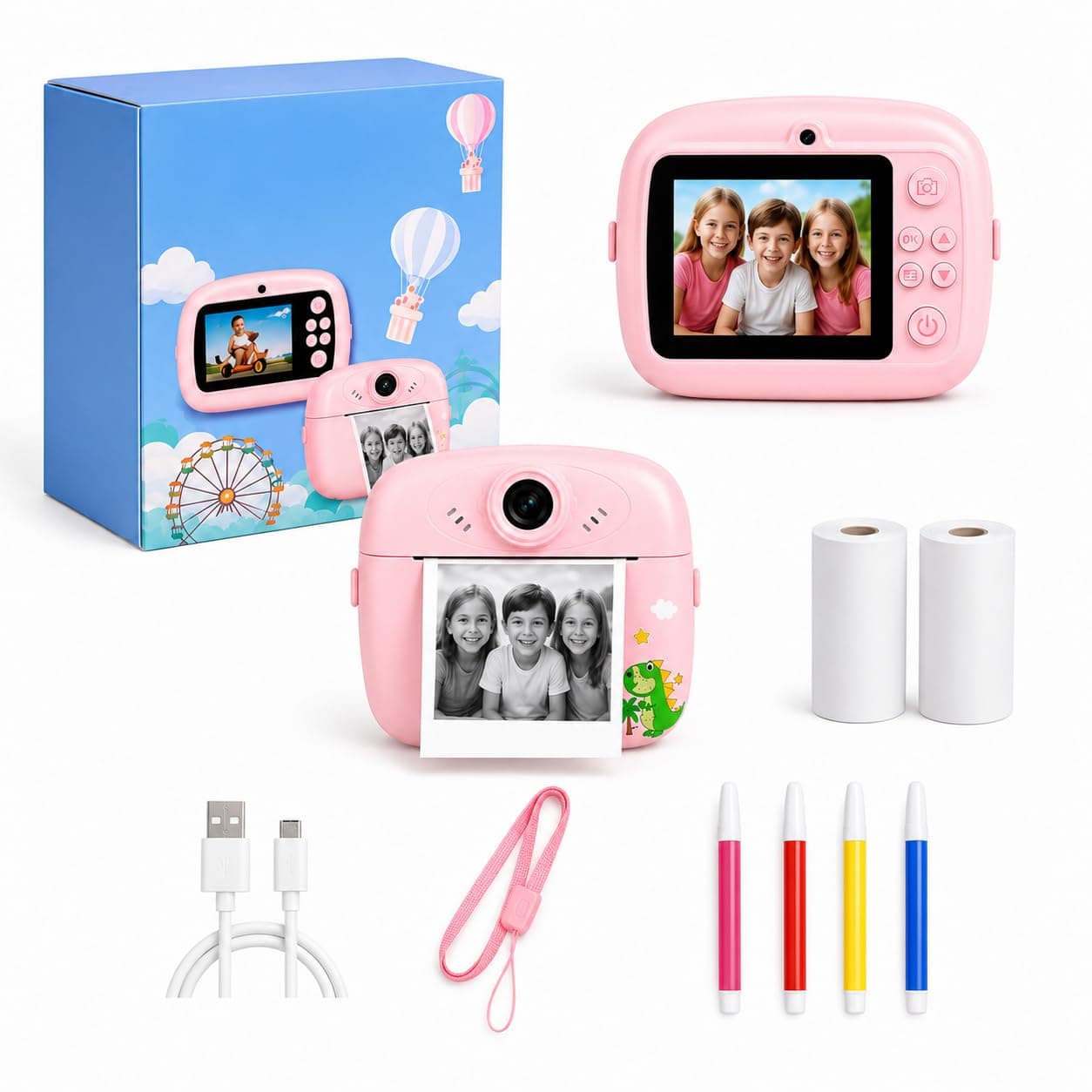 Kids Instant Print Camera with 2 Paper Rolls and 4 Colour Pens, Rechargeable Digital Camera Toy with Photo Printing, 2.4 Inch Screen, USB Charging Cable, Lanyard, Gift for Kids