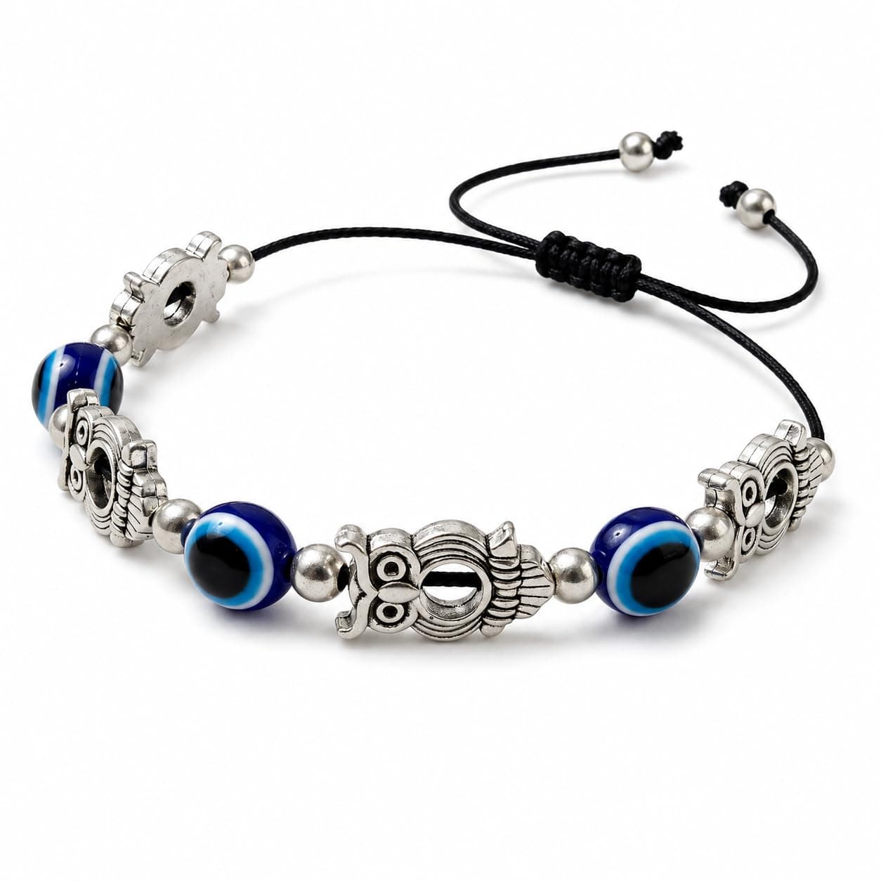 Adjustable Owl Charm Bracelet with Blue Eye Beads - Antique Silver-Tone