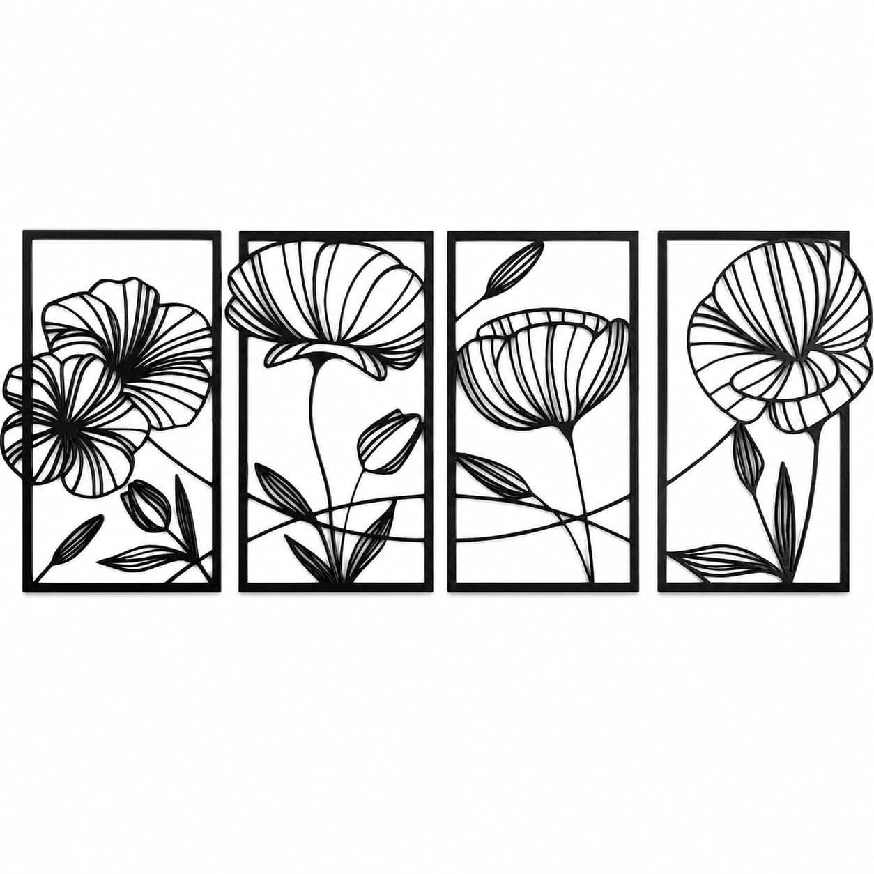 Black Floral Wall Decor Set of 4 - Modern Botanical Line-Art Panels