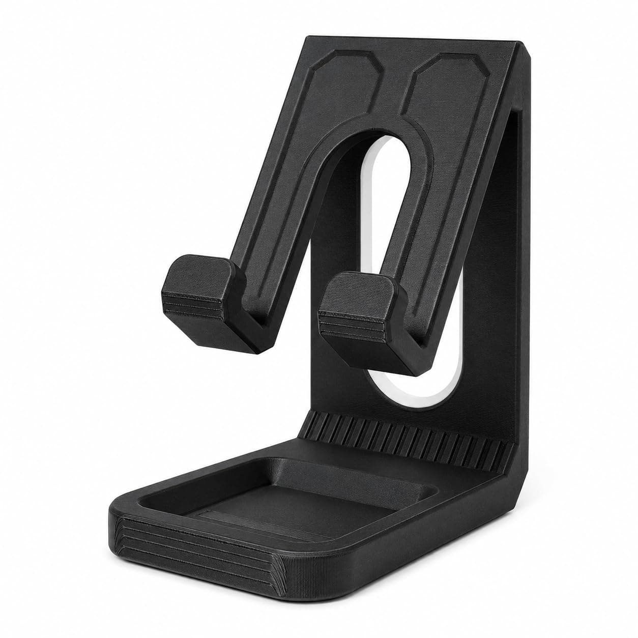 Mobile Phone Stand with Tray Base - Compact Black Desktop Holder