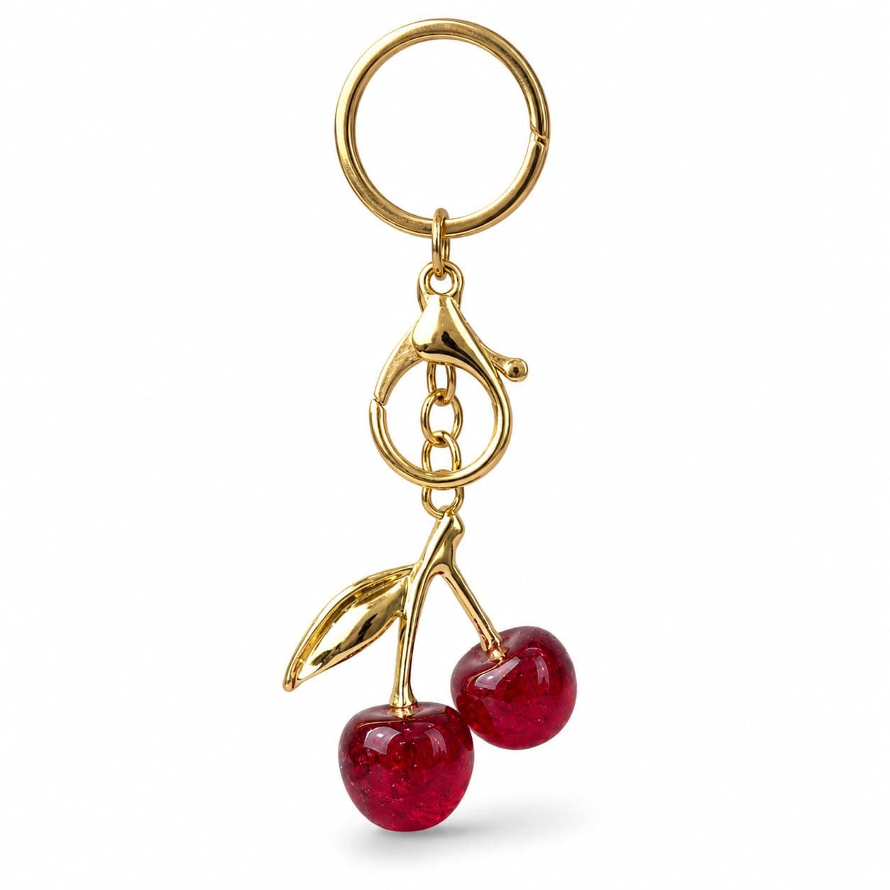 Glossy Cherry Keychain with Lobster Clasp - Red & Gold Bag Charm