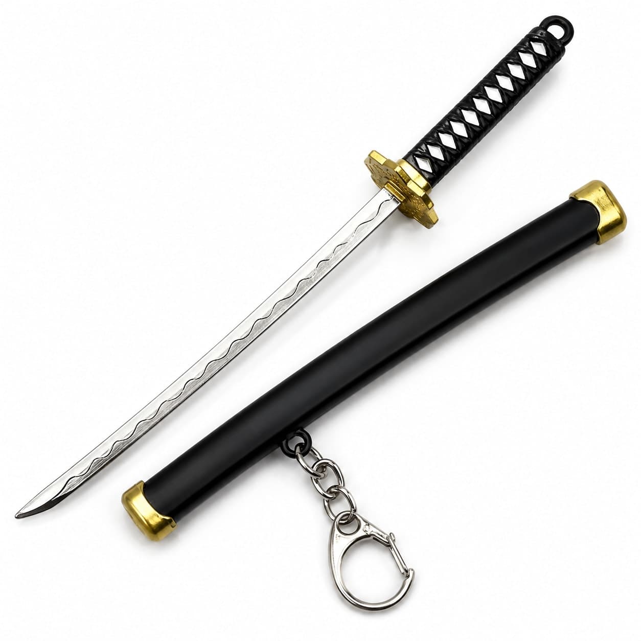 Mini Katana Sword Keychain with Black Scabbard - Black & Gold