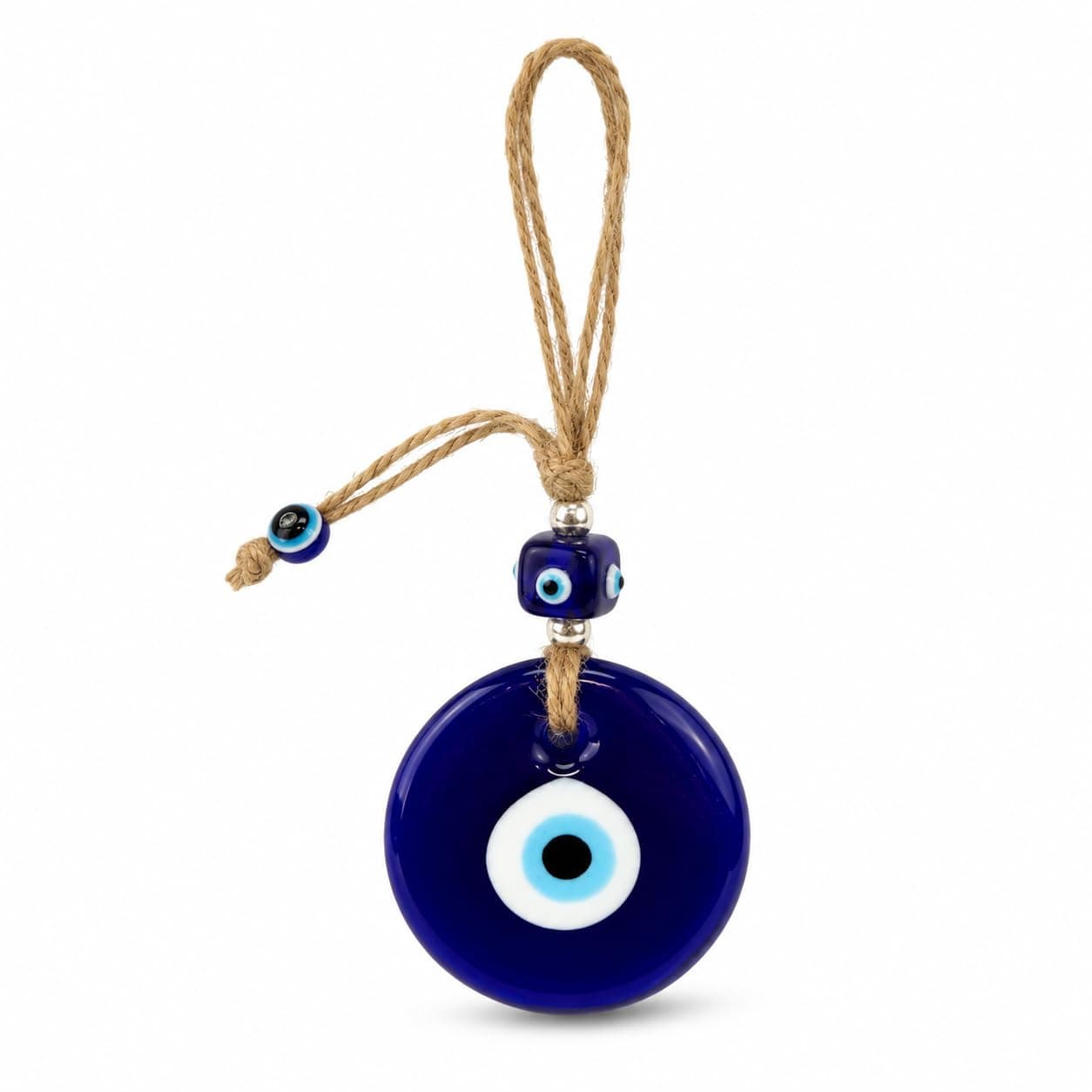 Evil Eye Car Mirror Hanging Ornament with Beige Cord, 16 cm