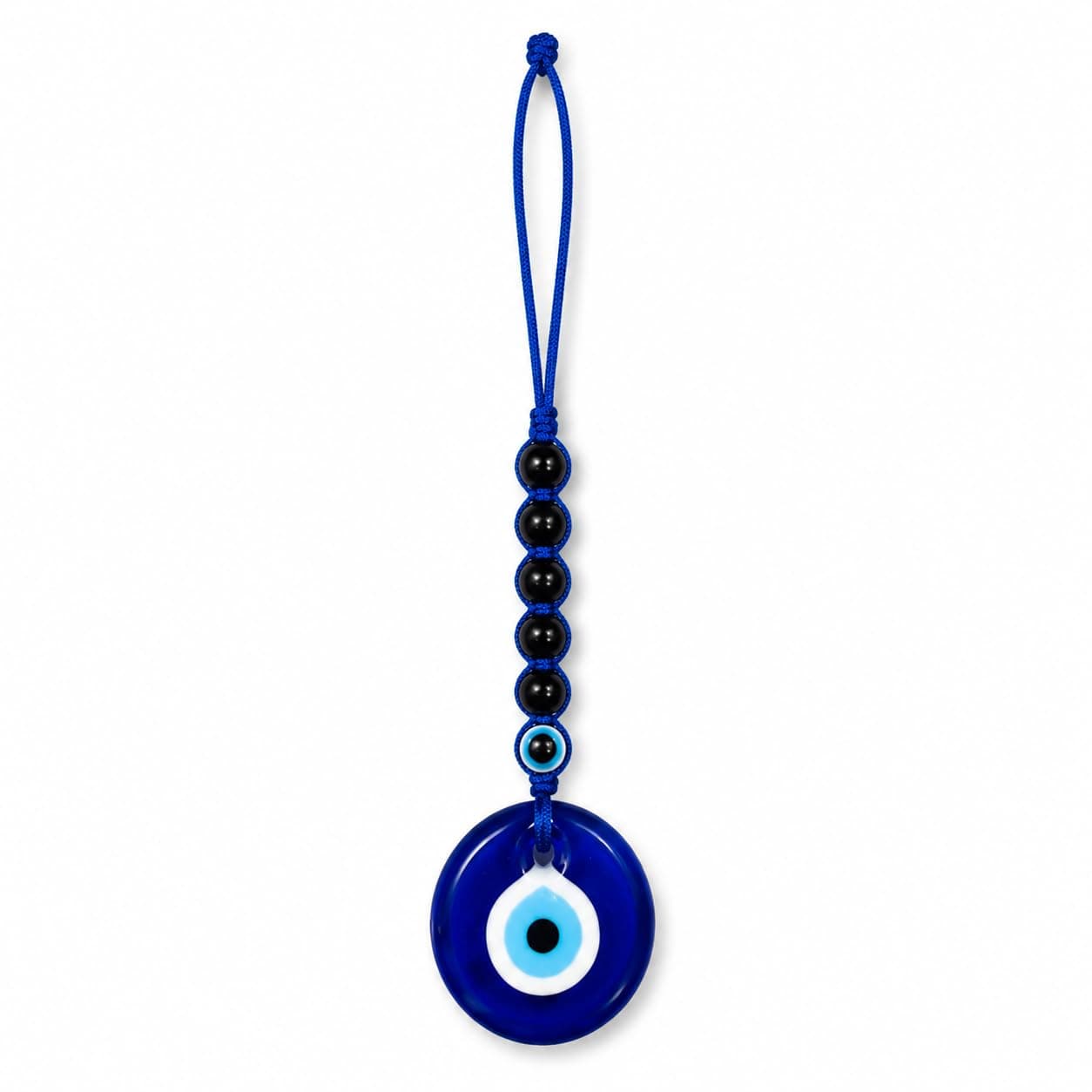 Blue Evil Eye Car Mirror Hanging Ornament with Black Beads, 17 cm